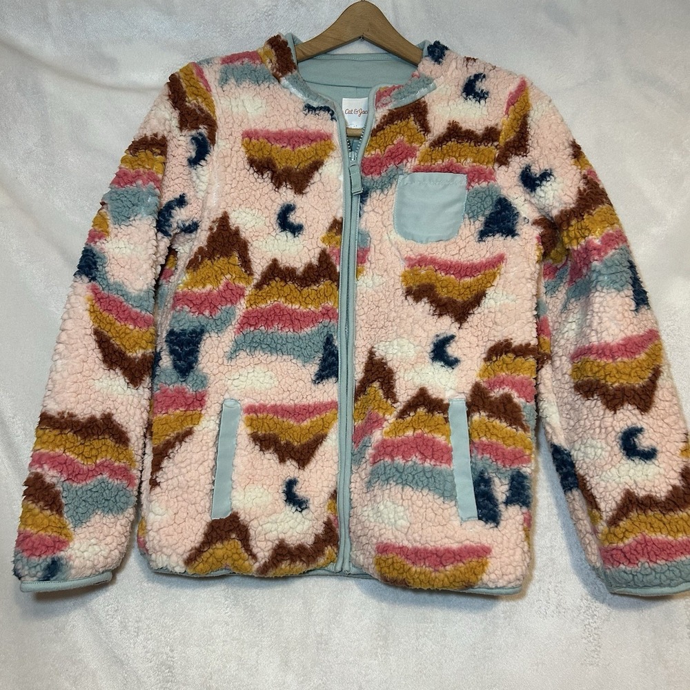 CAT & JACK Girl's Colorful Sherpa Fleece Full Zip Jacket Size L Mountains & Moon